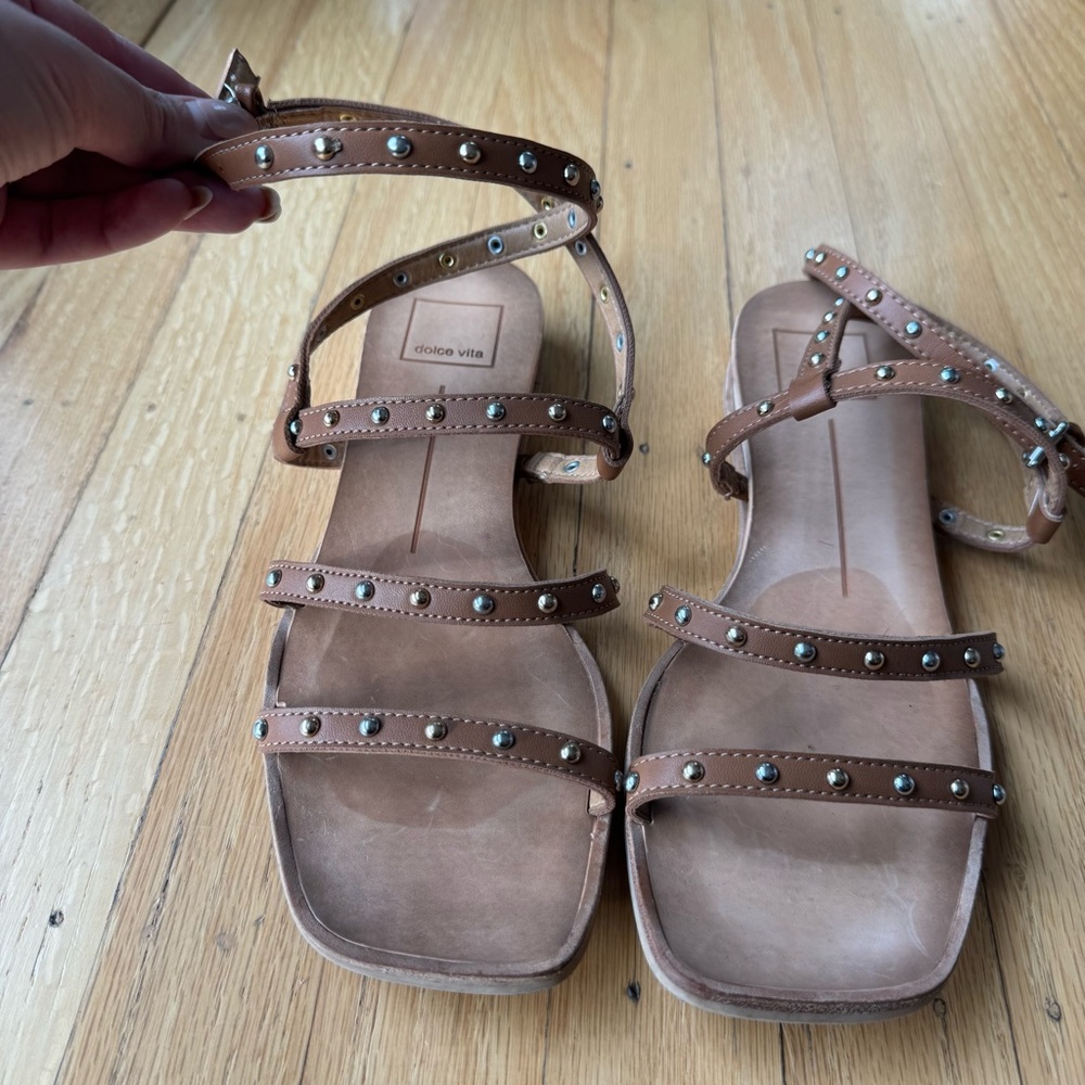 Dolce Vita Rozie Wedged Ankle Wrap Sandal. Brown with gold and silver studs